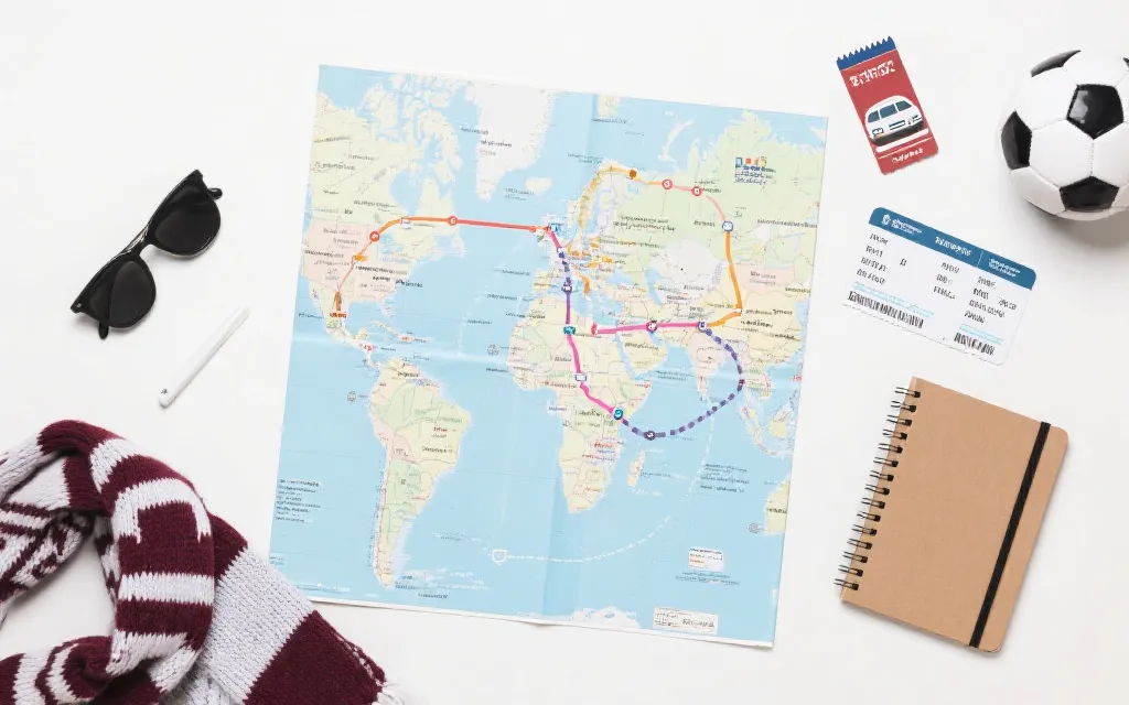世界杯观赛路线规划示意，地图与车票、球票元素的旅行平铺