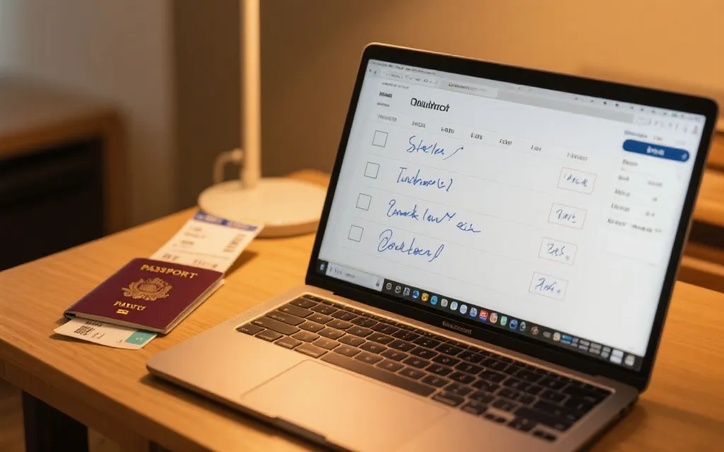 桌面上摊开的护照、登机牌与笔记本电脑，模拟球迷进行世界杯决赛抢票与行程规划