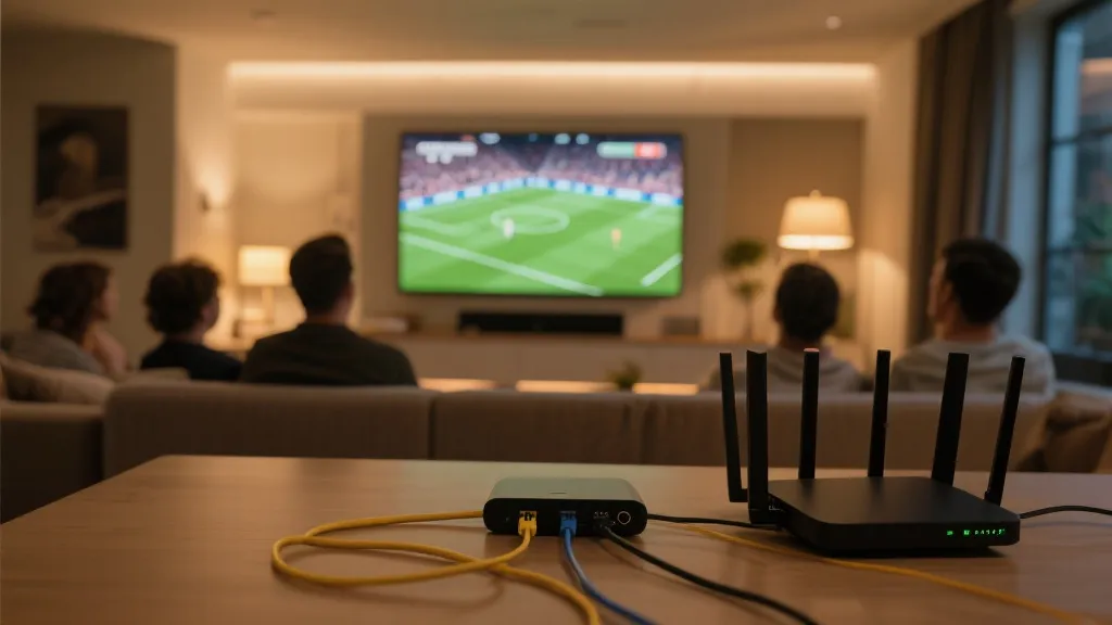 客厅大屏观赛环境示意，强调设备连接与网络稳定